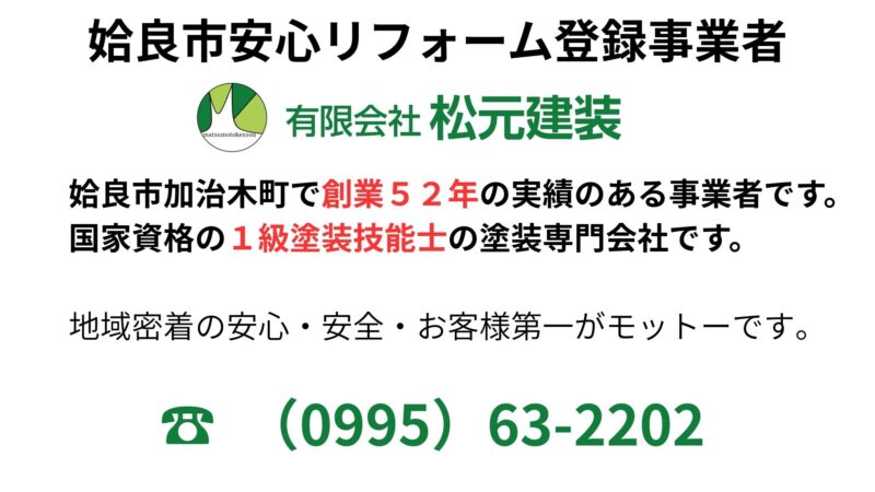 松元建装は姶良市安心リフォーム登録事業者です。
創業52年の実績と国家資格の1級塗装技能士の在籍する塗装専門会社です。